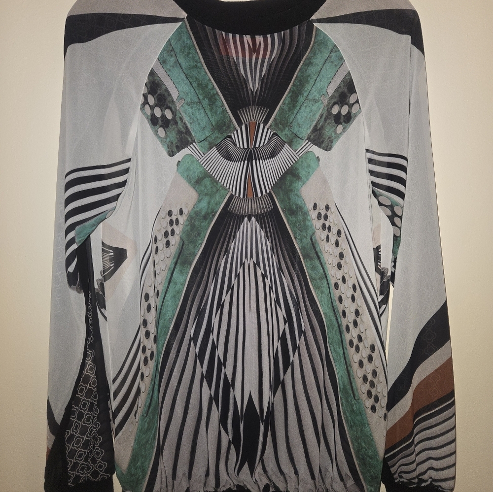 Clover Canyon Black White Green Geometric Long Sleeve Top